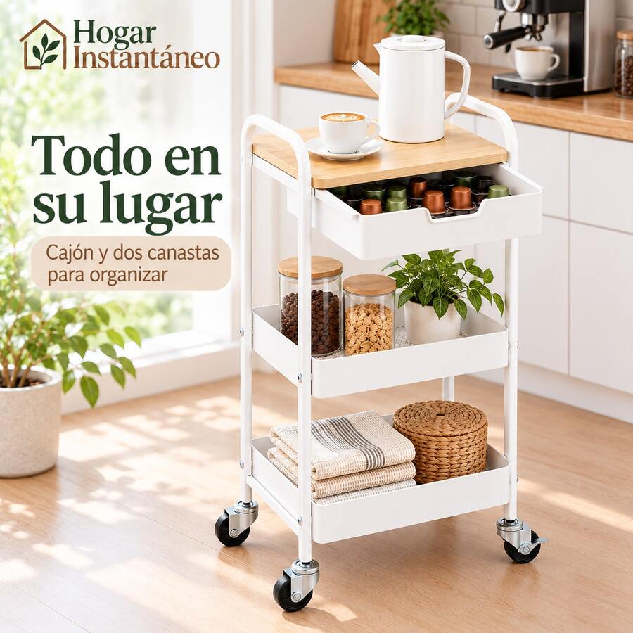 Carrito Organizador con Mesa - 3 niveles, cajón práctico y ruedas con freno. Perfecto para usar en la cocina, oficina o dormitorio - Blanco - Ver 1