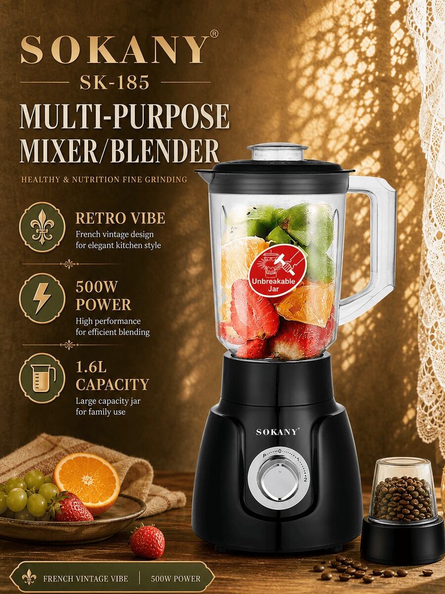 SOKANY Multifunctional Juicer, Blender, Grinder, Meat Grinder, With Grinding Cup, Multifunctional, Stainless Steel Blades, Fast Juicing, Meat Grinding, Juicing, Coffee Grinding, 1.6L Large Capacity, 2-Speed Adjustable, Easy To Clean And Store, Suitable For Home Use. - Black - View 1