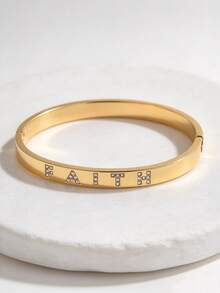 1pc Casual Charming Personalized Fashion Stainless Steel Gold-Plated Rhinestone Inlaid Letter Clasp Bracelet Men's Party Accessory - Gold - View 6