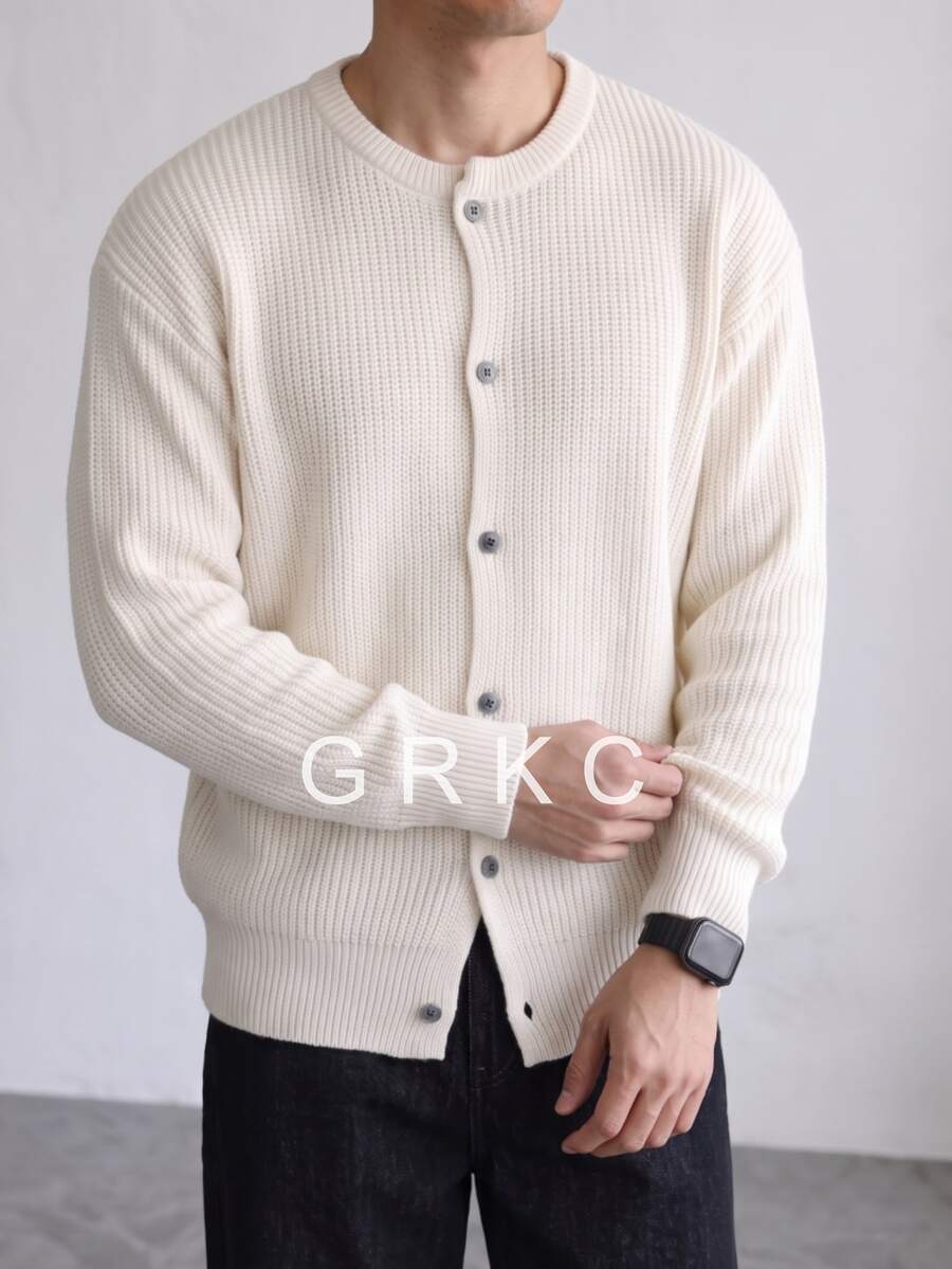 GRKC Men's Round Neck Button Cardigan Knit Sweater, Long Sleeve, Dropped Shoulder, Soft Urban Minimalist Layering Knit Top, Autumn/Winter - Apricot - View 1