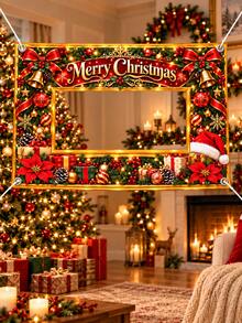 Christmas Polyester Photo Booth Frame Banner, Merry Christmas Red Bow Bell Poinsettia Holly Ornament Gift Print Photo Prop, Holiday Party Photo Backdrop For Family Gathering Indoor Outdoor Xmas Decorations - C - View 3