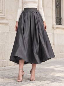 Women's Grey High Waist A-Line Midi Skirt With Pleated Full Skirt And Side Pockets, Elegant Commute And Date Outfit For Autumn - Grey - View 6