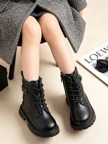 1 Pair Kids Fashion Short Boots, Girls Cream Lace-Up Boots With Side Zipper And Buckle, Suitable For Autumn/Winter - Black - View 7