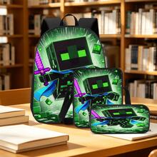 Pixel Art Green Warrior Print 3 Pieces Set Large Capacity Backpack + Crossbody Bag + Pencil Case, Adjustable Breathable Shoulder Straps, Fashion Pixel Block Adventure Game Theme Daily Commute Storage Set - Printed Bag - View 8