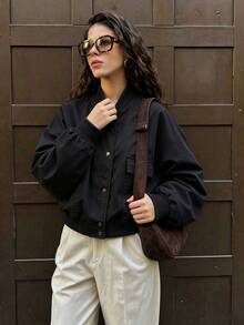 Casual Baseball Pocket Women's Jacket Loose Short Outerwear - Black - View 3