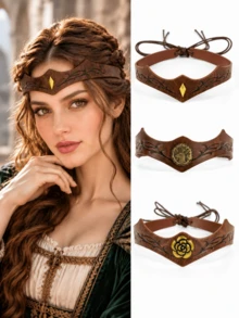 1pc Vintage PU Leather Headband, Medieval Elf Headpiece, Cos Party Costume Accessory, Viking Renaissance Headwear/Hair Accessory, Suitable For Fair, Role Play, Halloween Costume - Brown - View 1
