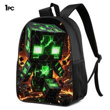 Lava Crack Green Pixel Monster Print 3 Pieces Set Large Capacity Backpack + Crossbody Bag + Pencil Case Adjustable Breathable Shoulder Straps Fashion Pixel Block Game Theme Daily Commute Storage Set - Printed Bag - View 11