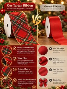 Christmas Wired Ribbon - Red & Green Tartan Metallic Fabric Ribbon Roll, For Christmas Tree Topper Bows, Holiday Wreath Making, Gift Wrapping, Fireplace Garland And Craft Supplies - Red and Green Plaid - View 7