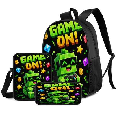 Q-Version Pixel Style Green Gamer Print 3 Pieces Set: Large Capacity Backpack + Crossbody Bag + Pencil Case, Adjustable Breathable Shoulder Straps, E-Sports Pixel Game Theme Enthusiast Daily Commute Storage Set