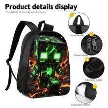 Lava Crack Green Pixel Monster Print 3 Pieces Set Large Capacity Backpack + Crossbody Bag + Pencil Case Adjustable Breathable Shoulder Straps Fashion Pixel Block Game Theme Daily Commute Storage Set - Printed Bag - View 4