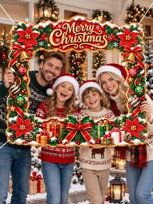 Christmas Polyester Photo Booth Frame Banner, Merry Christmas Poinsettia Bell Ornament Gift Red Bow Photo Prop, Holiday Party Photo Backdrop For Family Gathering Indoor Outdoor Xmas Decorations - A - View 7