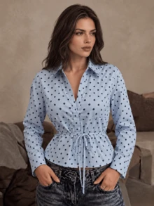 Women's Fashion Elegant Minimalist Commute Retro Colorblock Polka Dot Light Blue Hidden Button Tie Waist Blouse - Light Blue - View 1
