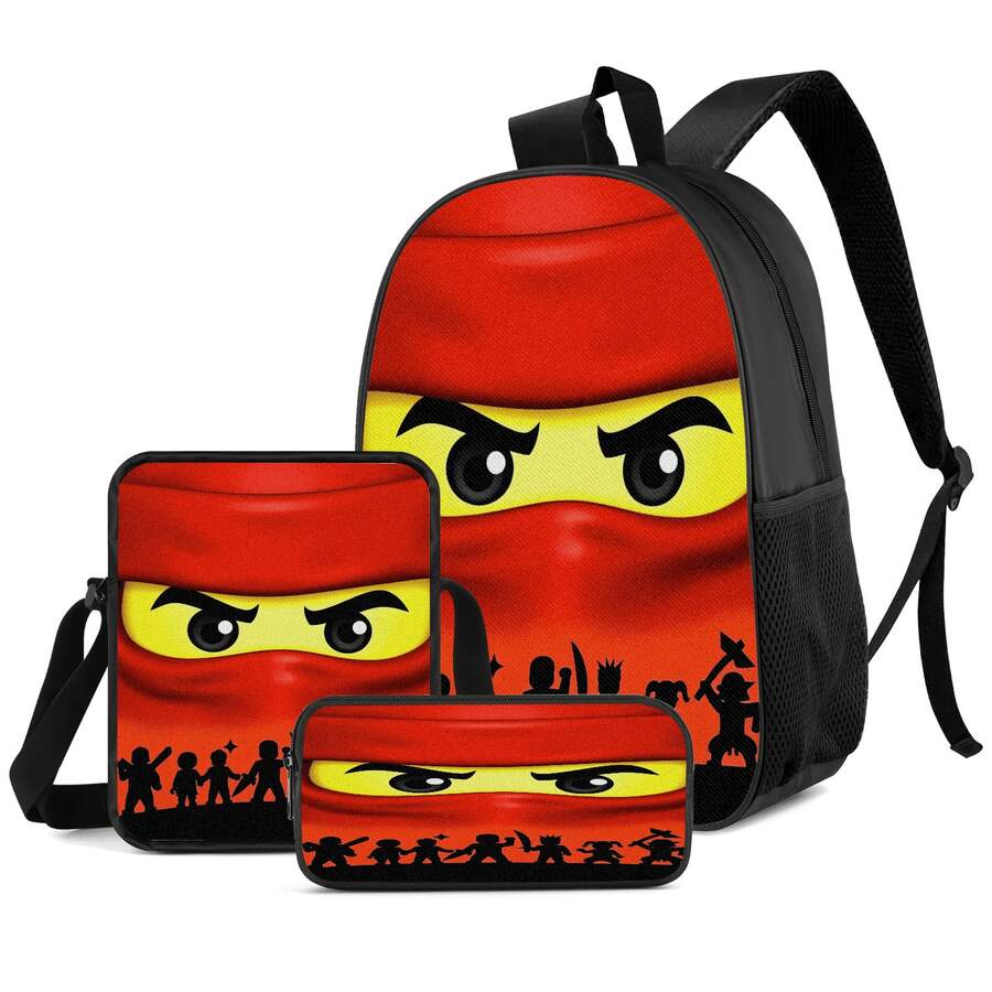 Pixel Art Red Squad Print 3 Pieces Set Large Capacity Backpack + Crossbody Bag + Pencil Case Adjustable Breathable Shoulder Straps Theme Daily Commute Storage Set - Printed Bag - View 1