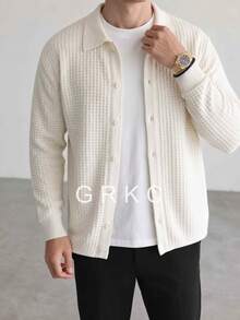 GRKC كارديجان محبوك للرجال بياقة وأزرار، أكمام طويلة، أكتاف منسدلة، ملابس علوية محبوكة كاجوال بطبقات حضرية للخريف/الشتاء - لون مشمشي - مشاهدة 3