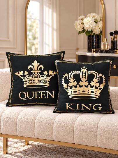 shangxia 2PCS--Luxury Black & Gold Crown Foil Printed Pillow Covers King Queen Couple Set, European Palace Style Living Room Sofa Bedroom Bed Head Decor Pillow Covers, Pillow Insert Not Included