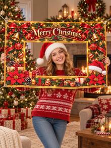 Christmas Polyester Photo Booth Frame Banner, Merry Christmas Red Bow Bell Poinsettia Holly Ornament Gift Print Photo Prop, Holiday Party Photo Backdrop For Family Gathering Indoor Outdoor Xmas Decorations - C - View 4