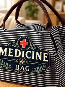 1pcsVintage Medicine Bag, Striped Tote Lunch Bag, Large Capacity Laptop Storage Bag, Zippered Toiletry Makeup Bag For Work, Travel, Business Tri/Set - Multicolor - View 5