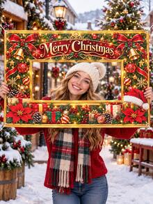 Christmas Polyester Photo Booth Frame Banner, Merry Christmas Red Bow Bell Poinsettia Holly Ornament Gift Print Photo Prop, Holiday Party Photo Backdrop For Family Gathering Indoor Outdoor Xmas Decorations - C - View 7