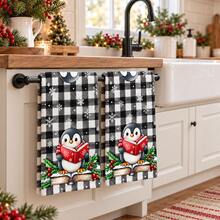 2pcs Black & White Plaid Penguin Pattern Christmas Kitchen Towels, Snowflake Print Tea Towels, Christmas Towels, Winter Holiday Kitchen Home Decor Gifts - Multicolor - View 4