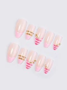 24pcs Autumn/Winter French-Style Press-On Nails Featuring Pink Stripes And Color-Blocking; Medium Almond-Shaped Tips Suitable For Daily Wear, Commuting, Or New Year's Dates. - Multicolor - View 2