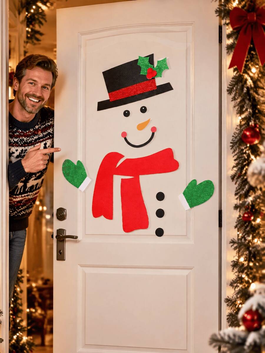 1 Set Christmas Snowman Door Sticker, Removable Felt Wall Decor, Cute Christmas Decoration Felt Snowman Cartoon, Door/Window Sticker, Store Window Accessory, Winter Holiday Decoration, Suitable For Outdoor Scenes, Kitchen, Bathroom - Snowman - View 1