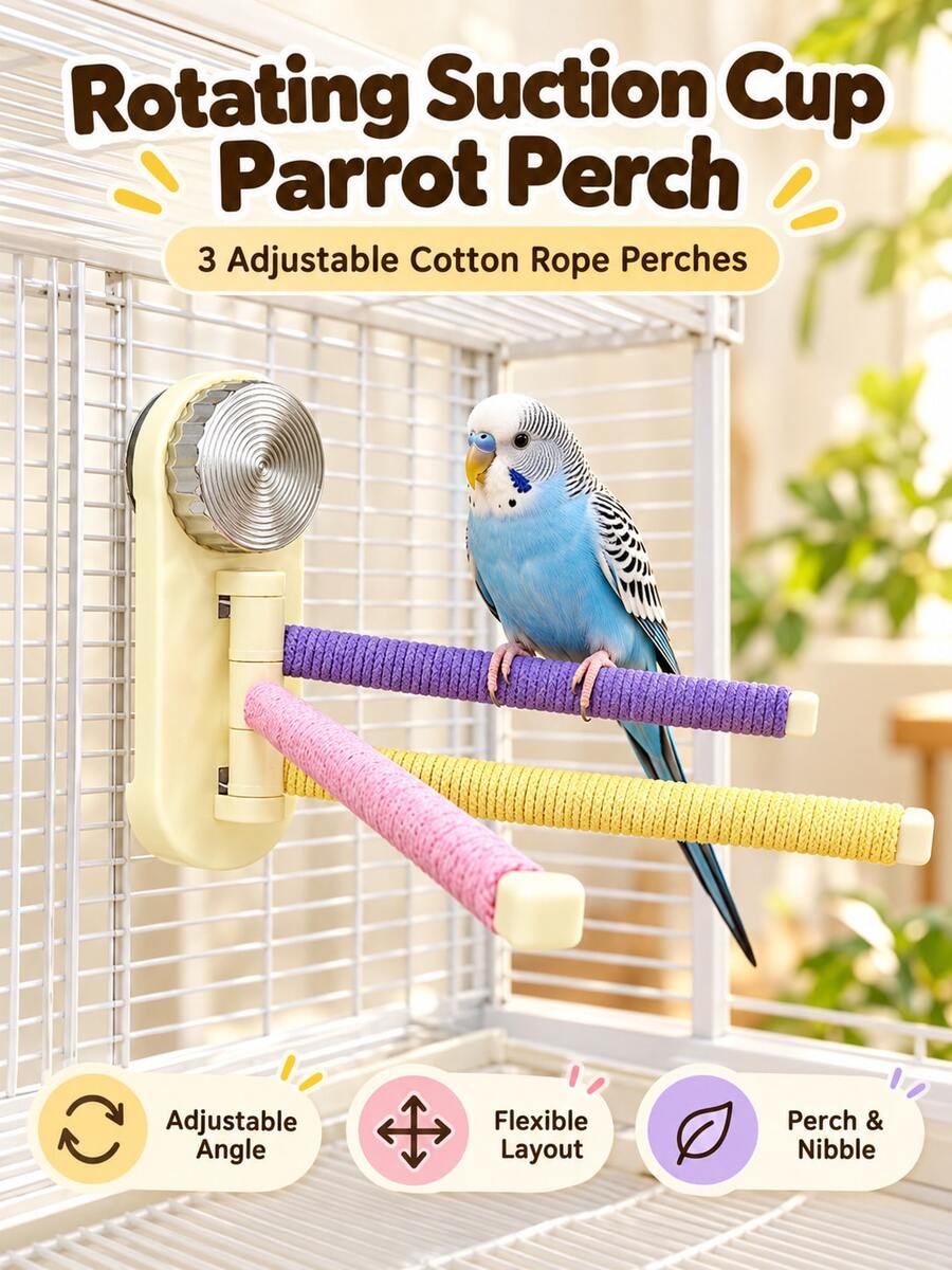 1PC Rotating Suction Cup Parrot Perch, 3 Adjustable Cotton Rope Bird Perches For Budgies, Cockatiels & Lovebirds, Bird Cage Stand Toy, Perching & Chewing Cage Accessory - Suction Cup Parrot Rotating Perch[1pc] - View 1