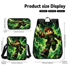 Green Light Lightning Effect Pixel Adventurer Print 3 Pieces Set: Large Capacity Backpack + Crossbody Bag + Pencil Case, Adjustable Breathable Shoulder Straps, Gaming Pixel Style Theme For Daily Commute And Storage - Printed Bag - View 6