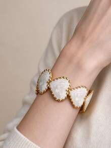 White Collection Stainless Steel Enamel Adjustable Open Cuff Bracelet, Starfish Shell Heart Design, Minimalist Fashion Summer Beach Romantic Nautical Personalized Stackable Vintage Clothing Accessory - White - View 11