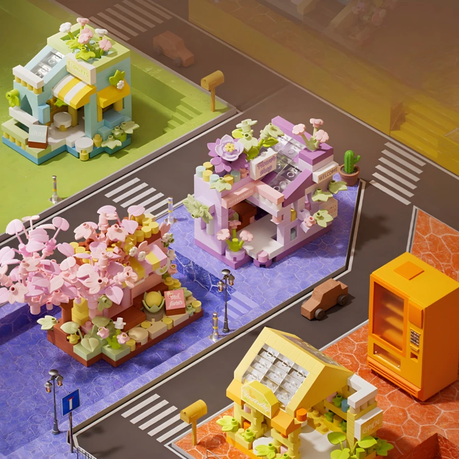 1pc Mini Street View Flower Shop Building Blocks Set, Pastel Macaron Color DIY Assembly Model With Floral Details, Desktop Ornament Collectible Display Piece, Home Decor Creative Gift For Building Enthusiasts Teens And Adults