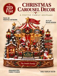 Christmas Rotating Carousel Wooden Block Ornament, 3D-Style Holiday Village Design, Santa Claus Rotating Carousel, Personalized Home Keepsake, Flat Shelf Decor - Multicolor - View 5