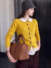 Women's Autumn/Winter Casual Minimalist Cable Knit Cardigan Sweater Jacket, Colorful Buttons Round Neck Autumn Style - Yellow - View 1