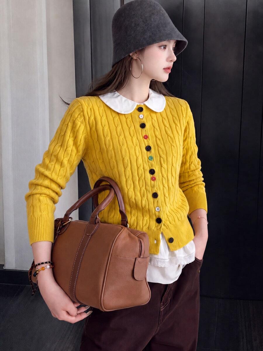 Women's Autumn/Winter Casual Minimalist Cable Knit Cardigan Sweater Jacket, Colorful Buttons Round Neck Autumn Style - Yellow - View 1