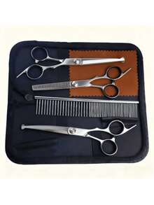 6 Pcs/Set Professional Pet Grooming Scissors Set, Stainless Steel Dog And Cat Hair Thinning Shears With Downward Curved, Straight, Upward Curved Scissors And Comb, Ambidextrous Use - Black - View 3