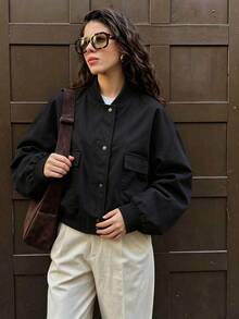 Casual Baseball Pocket Women's Jacket Loose Short Outerwear - Black - View 5