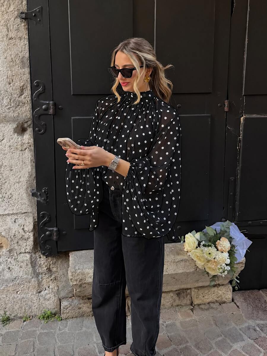 Plus Size Women Polka Dot Print Stand Collar Long Sleeve Loose Blouse - Black - View 1