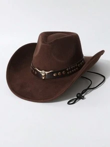 1pc Women Western Cowboy Hat, Bull Head Rivet Belt Decor Wide Brim Hat With Wind Rope, Vintage Cowgirl Hat For Daily Party - Top Hat - View 6