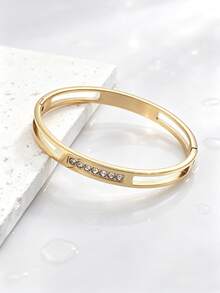 1pc Elegant Charming Personalized Fashion Stainless Steel Gold-Plated Hollow Geometric Rhinestone Inlaid Snap Bracelet, Men's Party Gift Choice - Style 1 - View 2