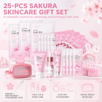 25pcs Japan Sakura Extract Skincare Gift Set, Hydrating Brightening Facial Kit With Face Cream, Facial Serum, Eye Serum, Sheet Masks, Mud Masks & Sleeping Face Masks, Nourishing Repair Self-Care Kit For Women Girls, Ideal Birthday Holiday Present