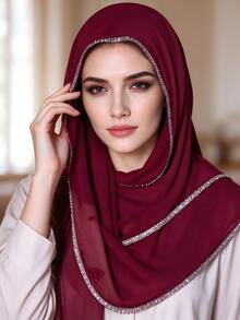 1pc Women's Heavy Embellished Rhinestone Trim Solid Color Scarf, Moroccan Rhinestone Muslim Headscarf, Red Autumn Women's Headscarf - Multicolor - View 8