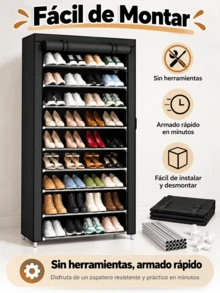 Zapatero de 9/8/7/6/5/4 niveles Organizador de almacenamiento de zapatos que ahorra espacio El zapatero cubierto no tejido puede contener 28-35 pares para dormitorio, pasillo, entrada, - Negro - Ver 2
