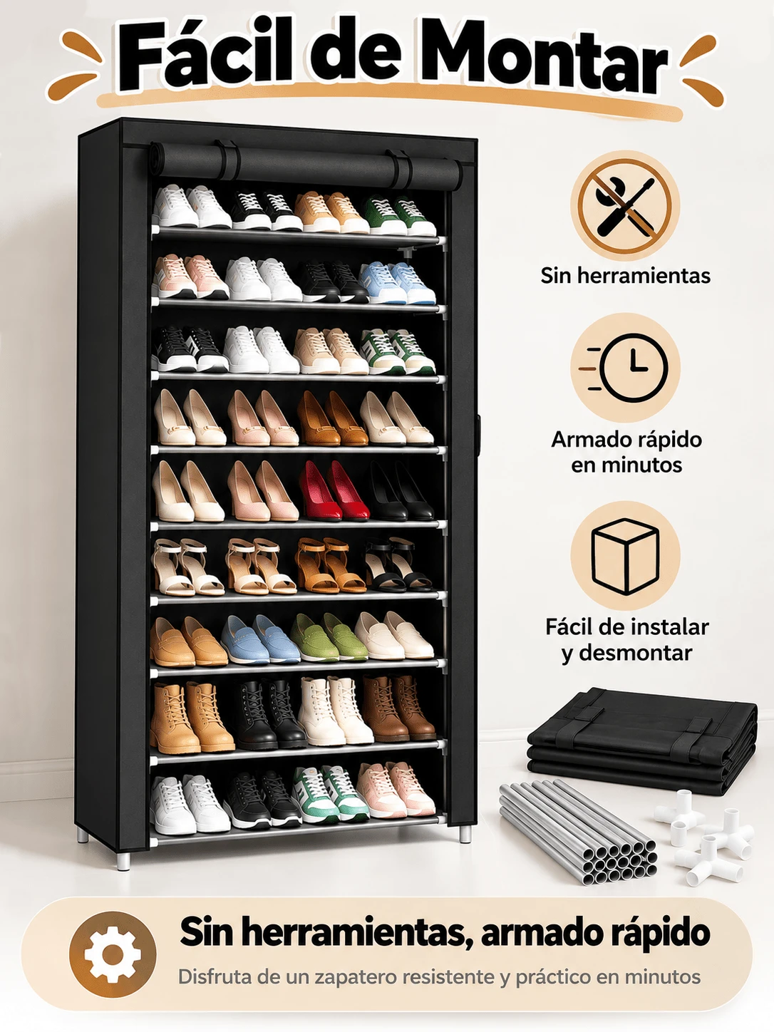 Zapatero de 9/8/7/6/5/4 niveles Organizador de almacenamiento de zapatos que ahorra espacio El zapatero cubierto no tejido puede contener 28-35 pares para dormitorio, pasillo, entrada,