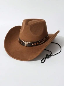 1pc Women Western Cowboy Hat, Bull Head Rivet Belt Decor Wide Brim Hat With Wind Rope, Vintage Cowgirl Hat For Daily Party - Top Hat - View 8