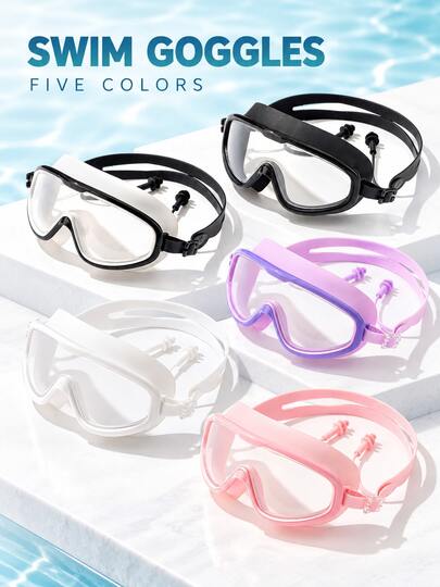 Adult Large Frame Swim Goggles, One-Piece Frame With Clear Lenses And Integrated Earplugs, Adjustable Split Strap, 5 Color Options, Suitable For Pool Training, Daily Swimming And Leisure Swimming