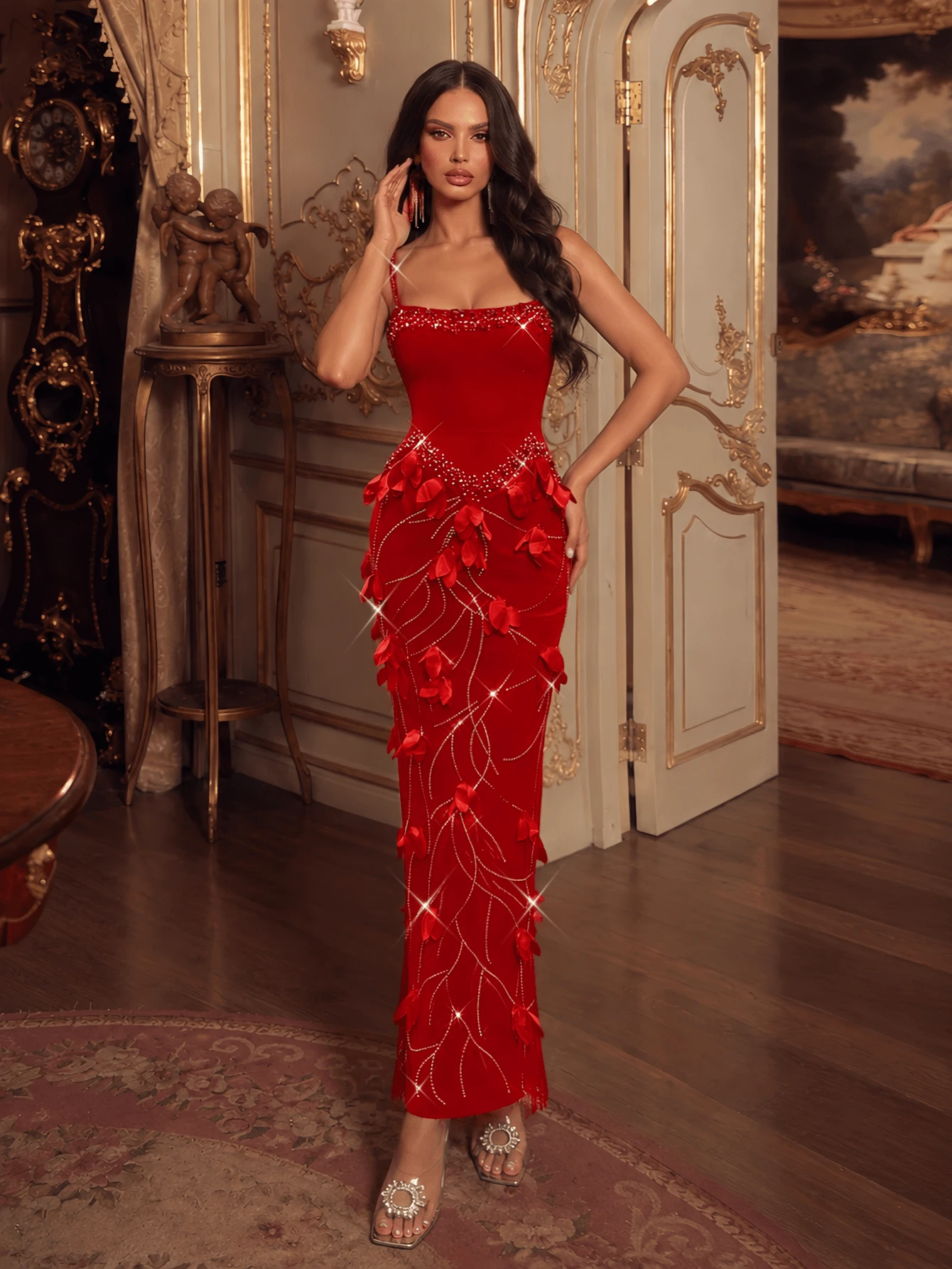 Women's Elegant Spaghetti Strap High Waist Beaded Rhinestone Petal Bandage Dress - Red - View 1