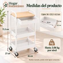 Carrito Organizador con Mesa - 3 niveles, cajón práctico y ruedas con freno. Perfecto para usar en la cocina, oficina o dormitorio - Blanco - Ver 6