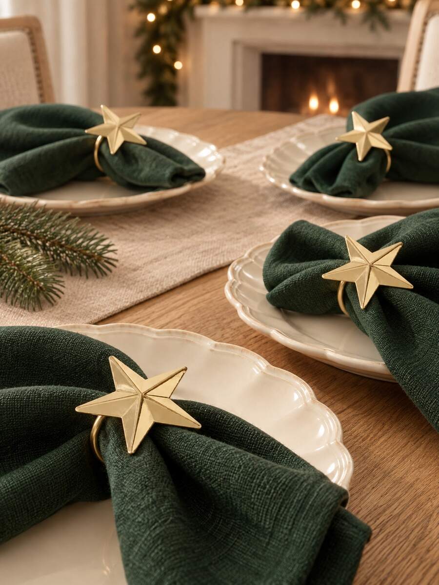 6pcs Christmas Napkin Rings, Gold Five-Pointed Star Shiny Metal Tabletop Decor, Classic Holiday Napkin Buckles Suitable For Dining Table, Holiday Banquet, Christmas Family Gathering, Tabletop Decoration