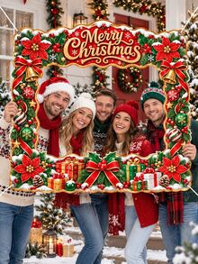 Christmas Polyester Photo Booth Frame Banner, Merry Christmas Poinsettia Bell Ornament Gift Red Bow Photo Prop, Holiday Party Photo Backdrop For Family Gathering Indoor Outdoor Xmas Decorations - A - View 2