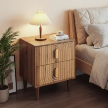 Bohemian Four-Legged Nightstand With 2 Drawers, Geometric Inlaid Night Table, Walnut Veneer Side Table, Bedroom Storage Cabinet - Brown - View 4