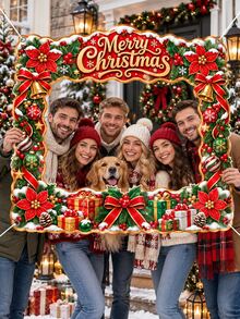 Christmas Polyester Photo Booth Frame Banner, Merry Christmas Poinsettia Bell Ornament Gift Red Bow Photo Prop, Holiday Party Photo Backdrop For Family Gathering Indoor Outdoor Xmas Decorations - A - View 4