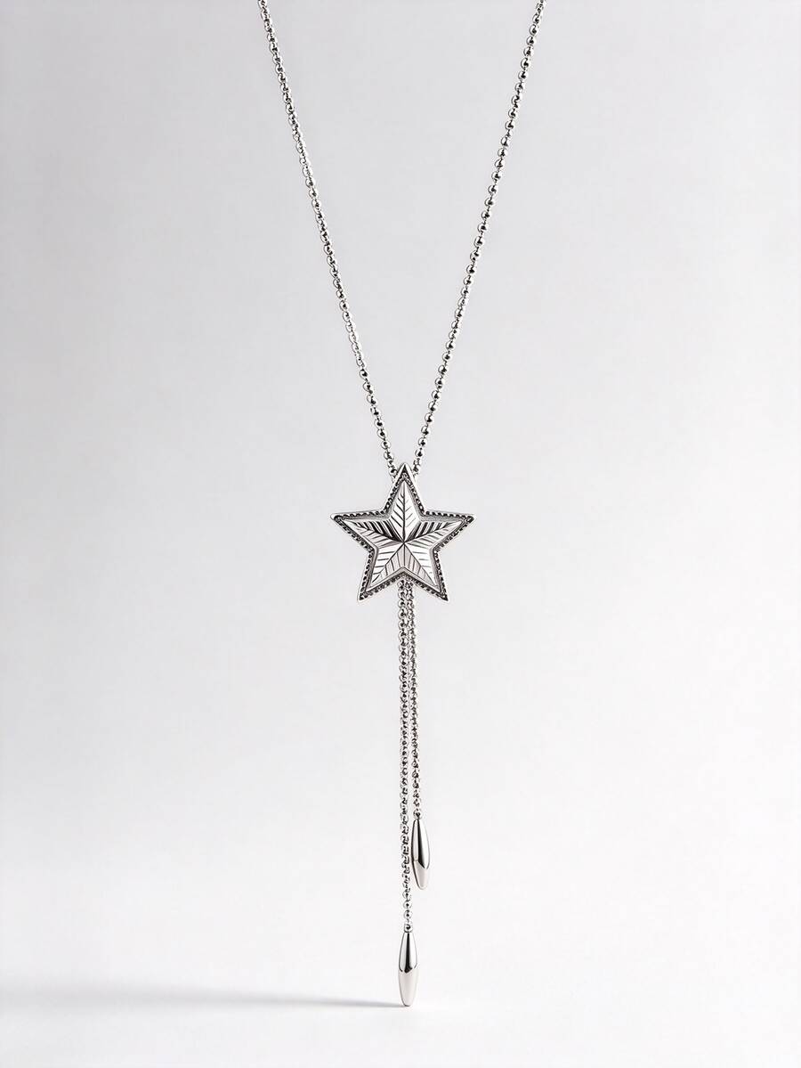 1pc Vintage Personalized Fashion Mid-Length Stainless Steel Large 3D Pentagram Pendant Necklace Men's Party Accessory - Silver - View 1